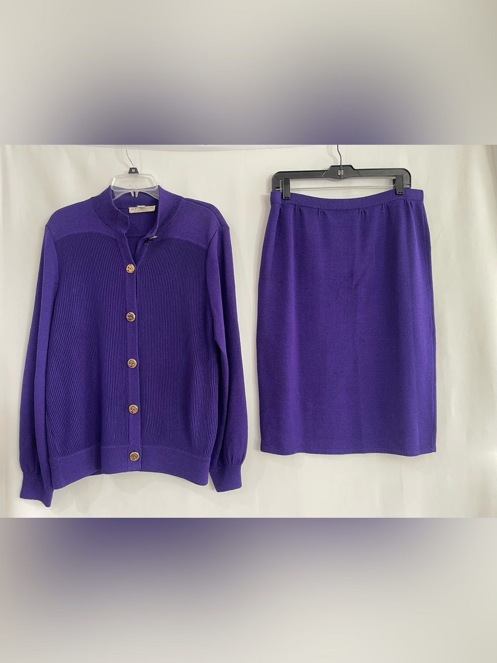 St John royal purple sweater and skirt set women’s size 14 Santana knit luxury